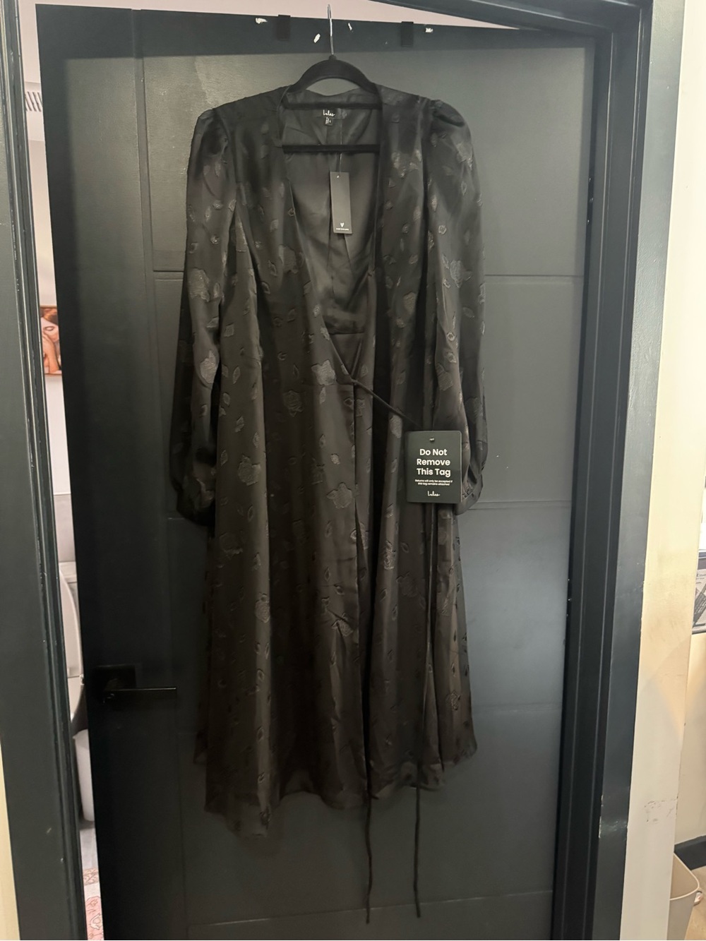 Lulu's Black Satin Jacquard Wrap Dress